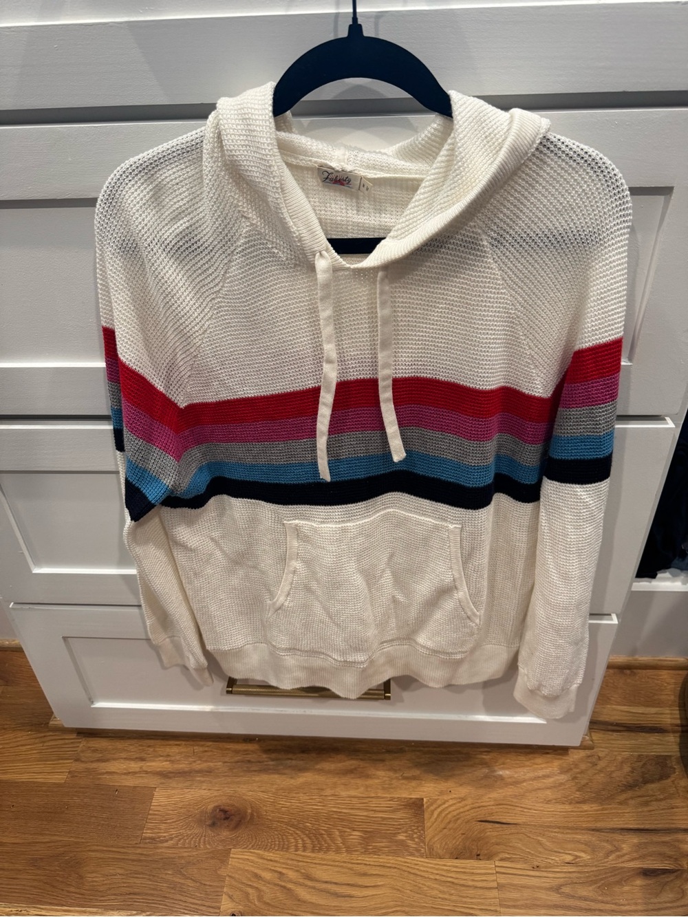 Fatherty Casual Cream Knit Hoodie Sweater with Multi-Color Stripes